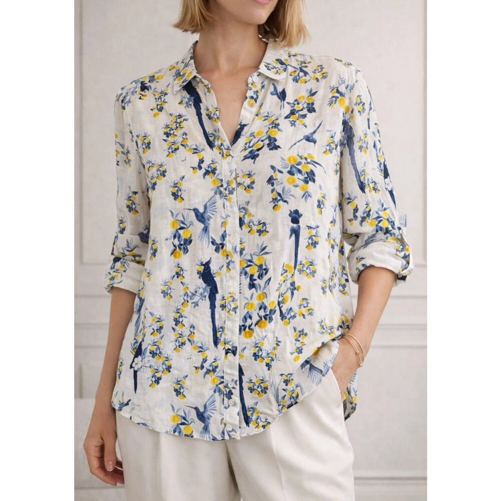 Isaac Mizrahi 100% Linen Bird Print Lemon Blouse 2X Coastal Grandma Cottagecore